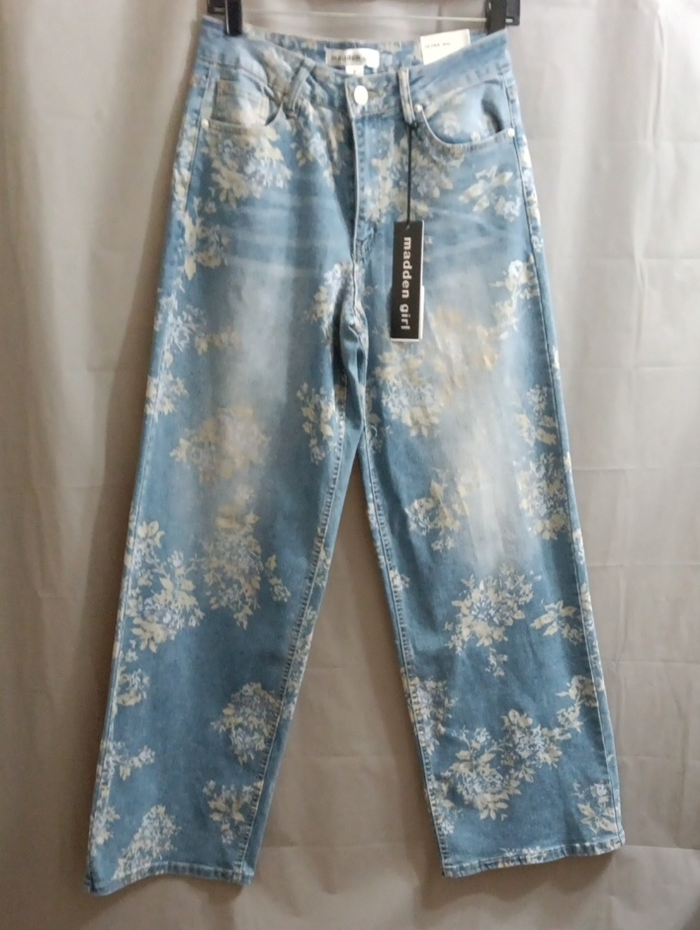 Madden Girl Light Blue Denim Jeans with White Floral Print